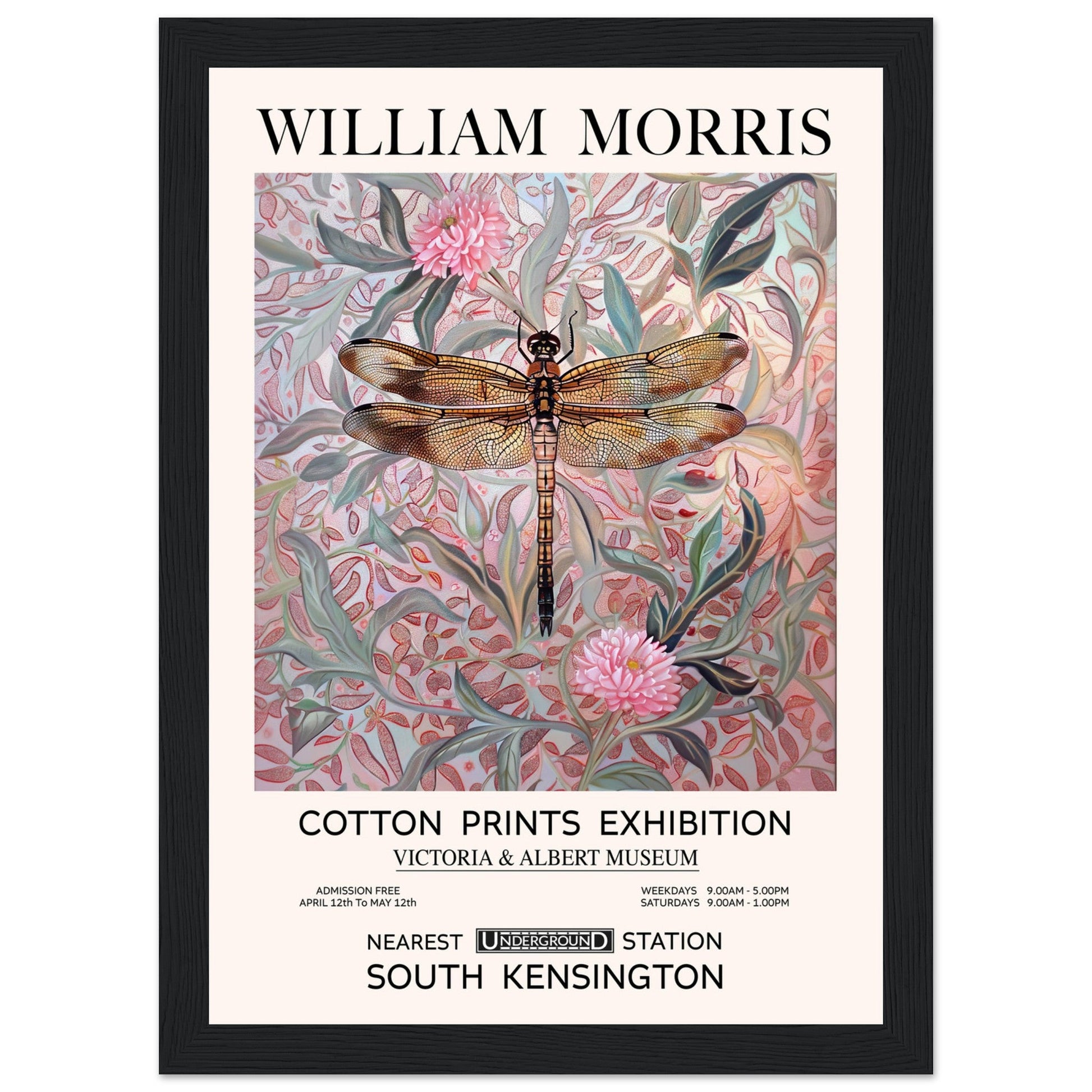 William Morris - Pink Daisies And Dragonfly - Framed Print, Art Nouveau, Floral Background, , #illieeart