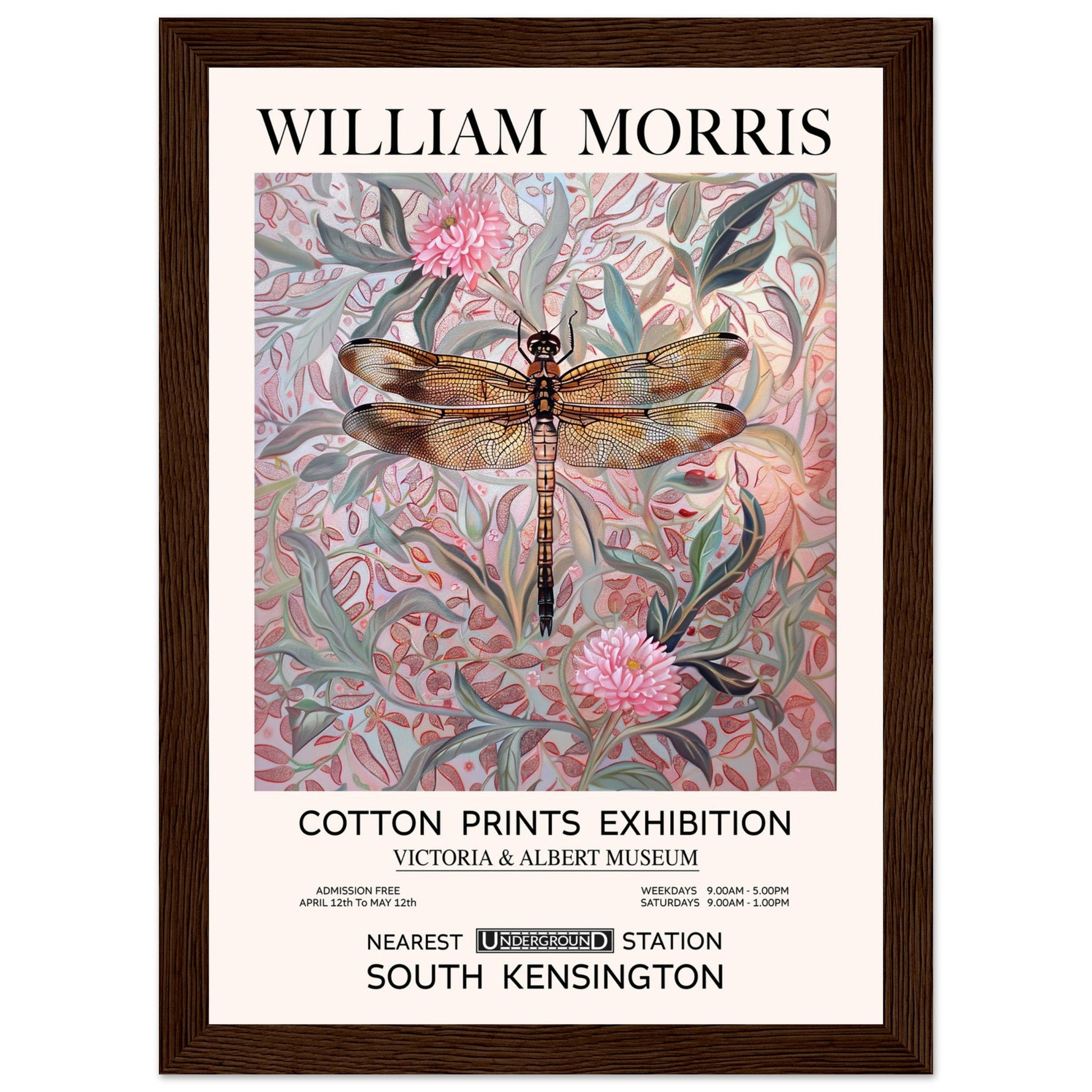 William Morris - Pink Daisies And Dragonfly - Framed Print, Art Nouveau, Floral Background, , #illieeart