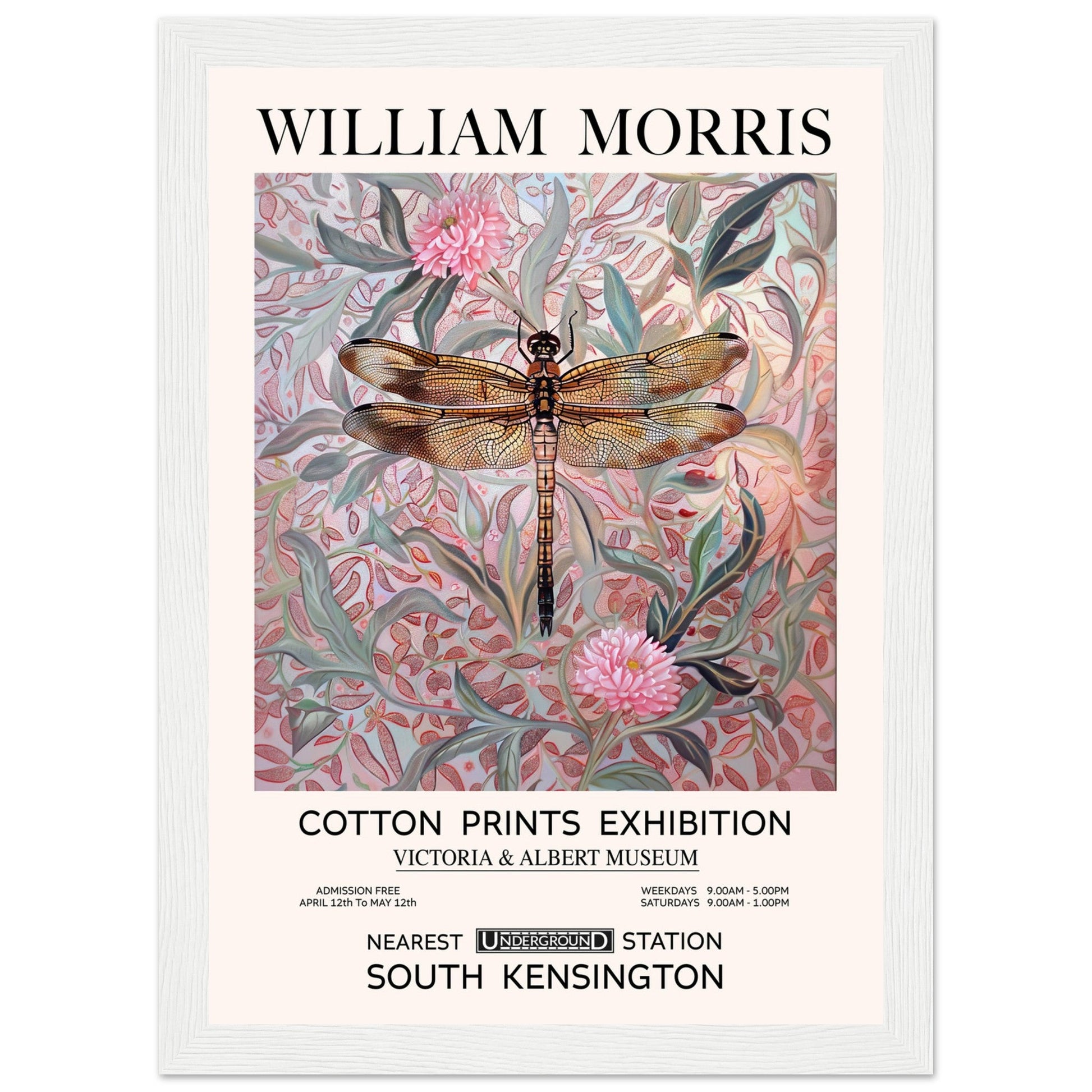 William Morris - Pink Daisies And Dragonfly - Framed Print, Art Nouveau, Floral Background, , #illieeart