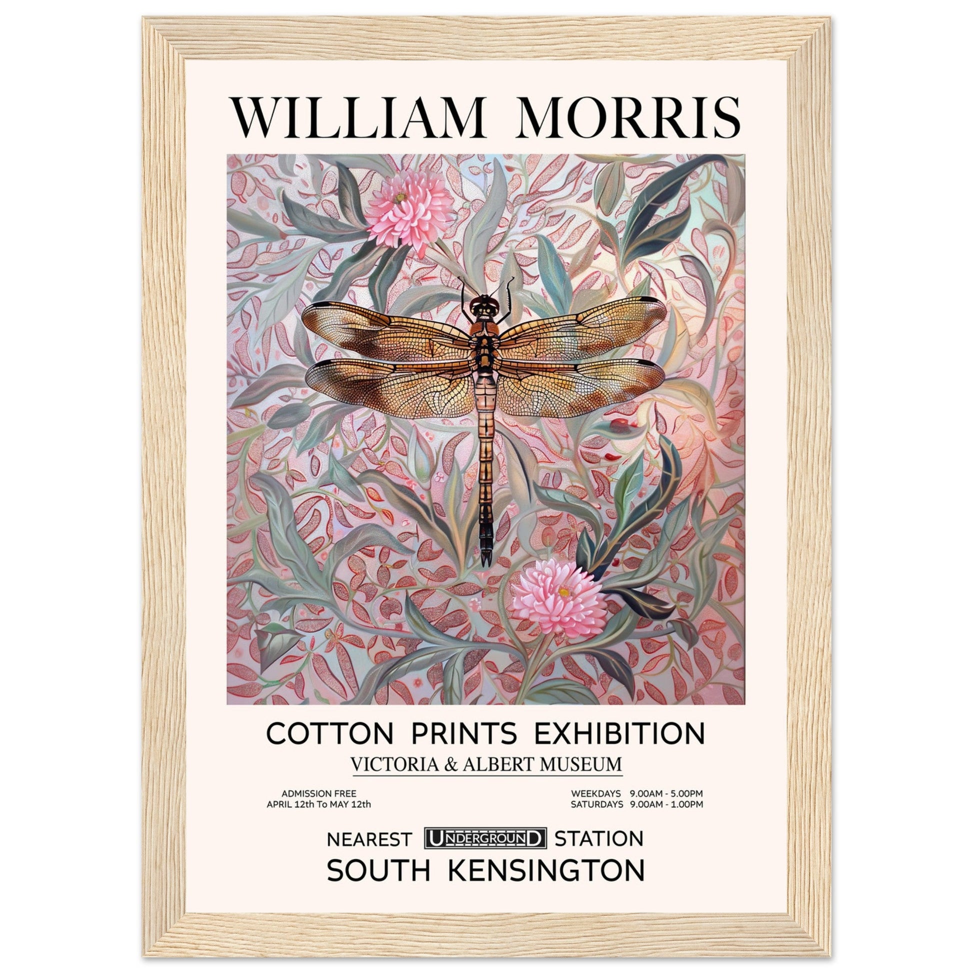 William Morris - Pink Daisies And Dragonfly - Framed Print, Art Nouveau, Floral Background, , #illieeart