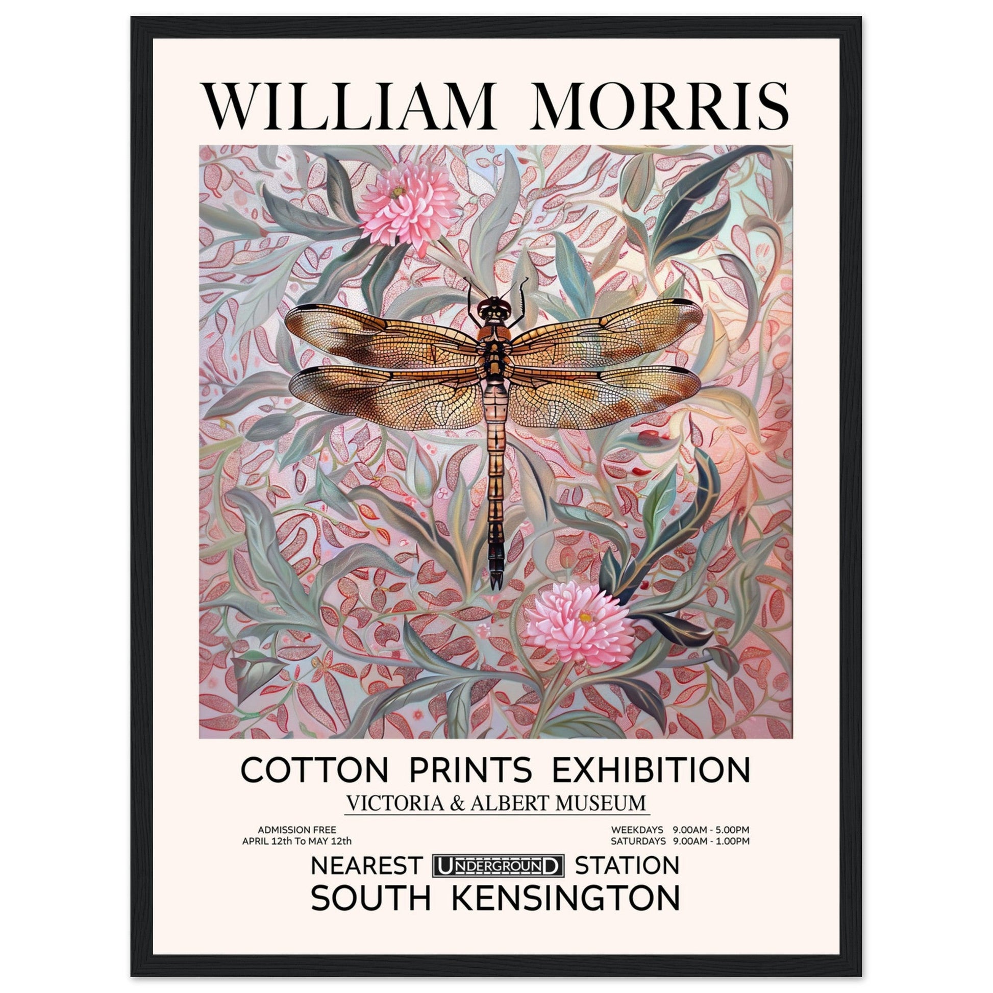 William Morris - Pink Daisies And Dragonfly - Framed Print, Art Nouveau, Floral Background, , #illieeart