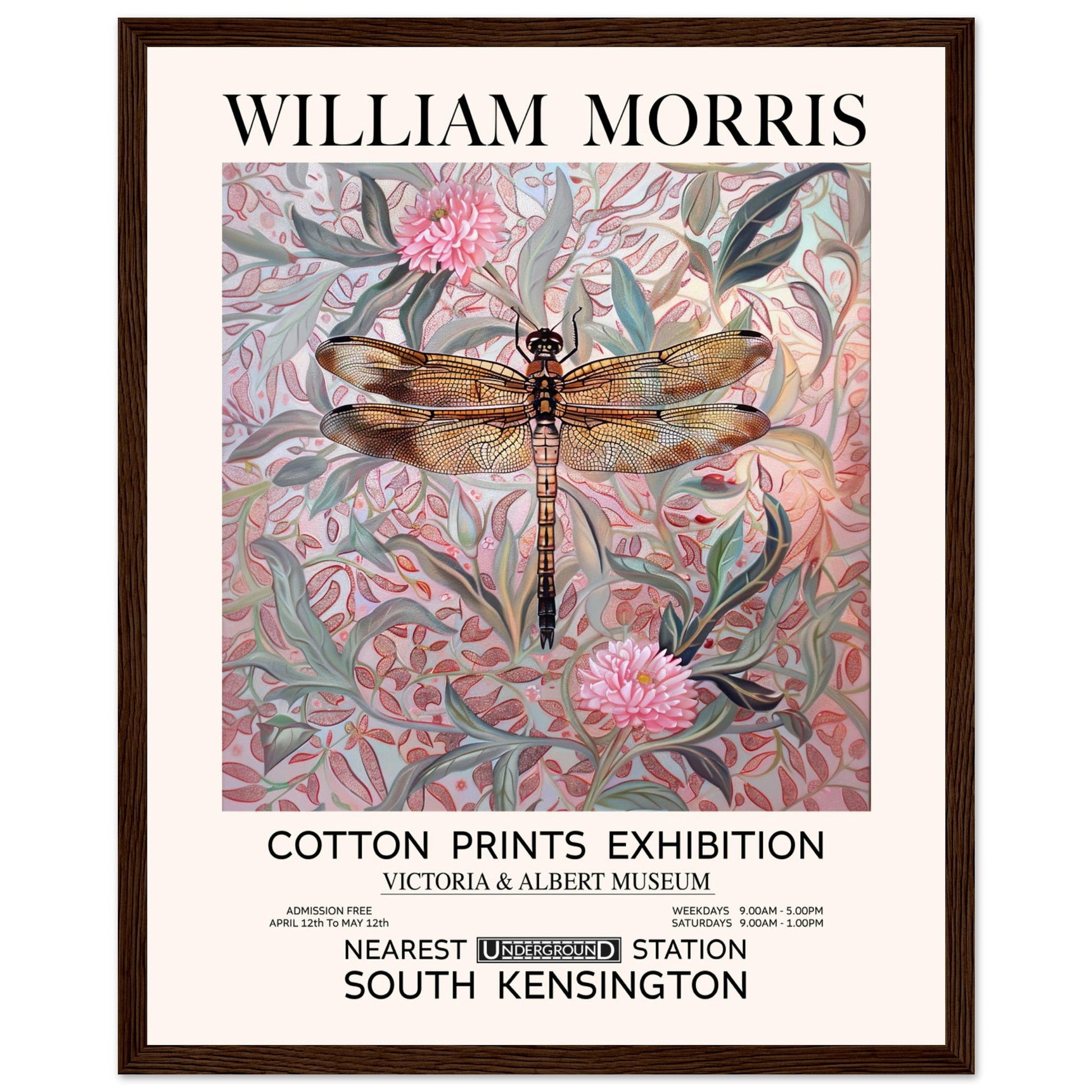 William Morris - Pink Daisies And Dragonfly - Framed Print, Art Nouveau, Floral Background, , #illieeart