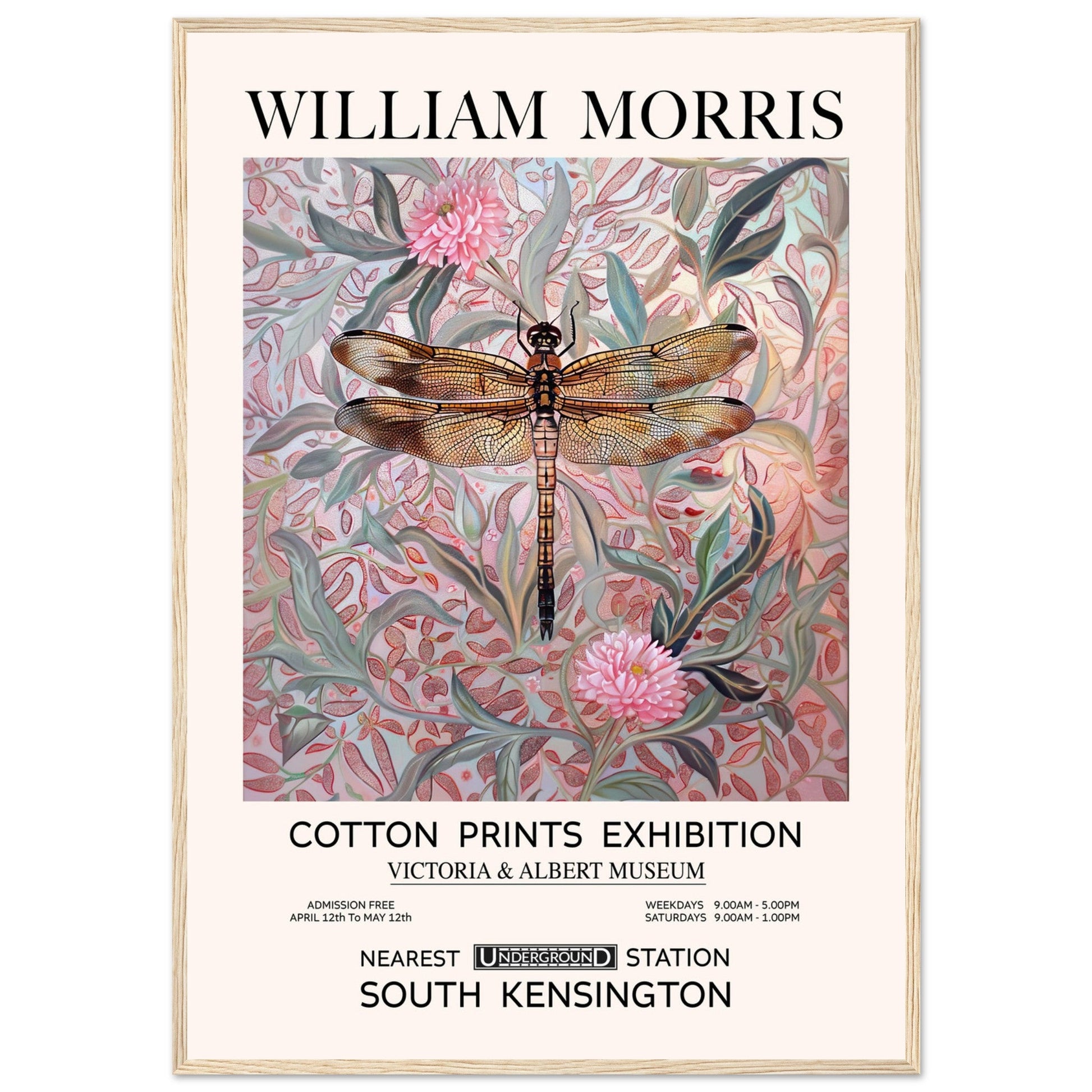 William Morris - Pink Daisies And Dragonfly - Framed Print, Art Nouveau, Floral Background, , #illieeart