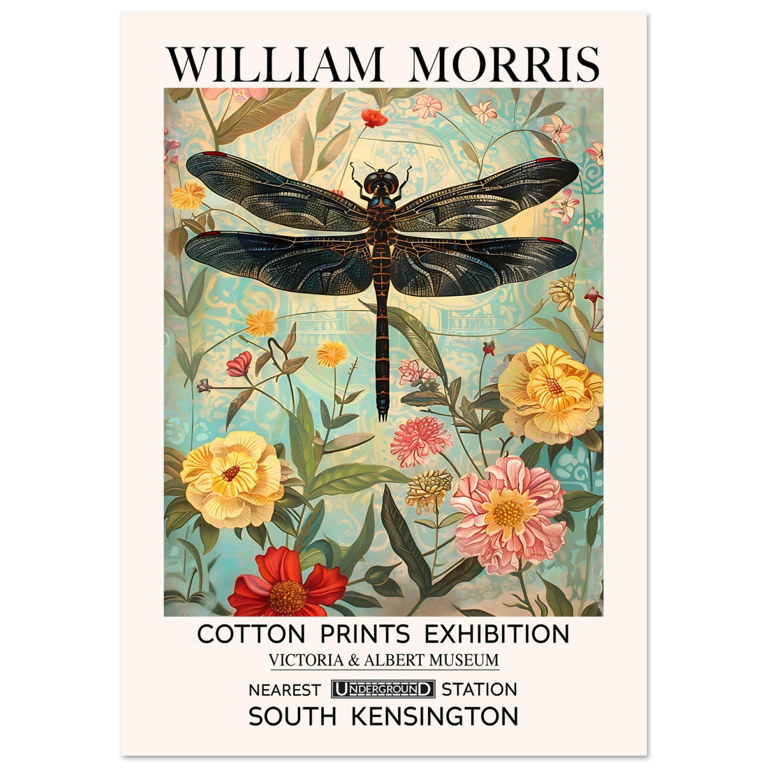 Dragonfly, Vintage William Morris Style pink green yellow floral Print