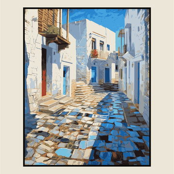 Greece Cobbled Alley | Greek Village Scene, Greece Travel Poster, Mediterranean art print, Travel Poster, #illieeart #