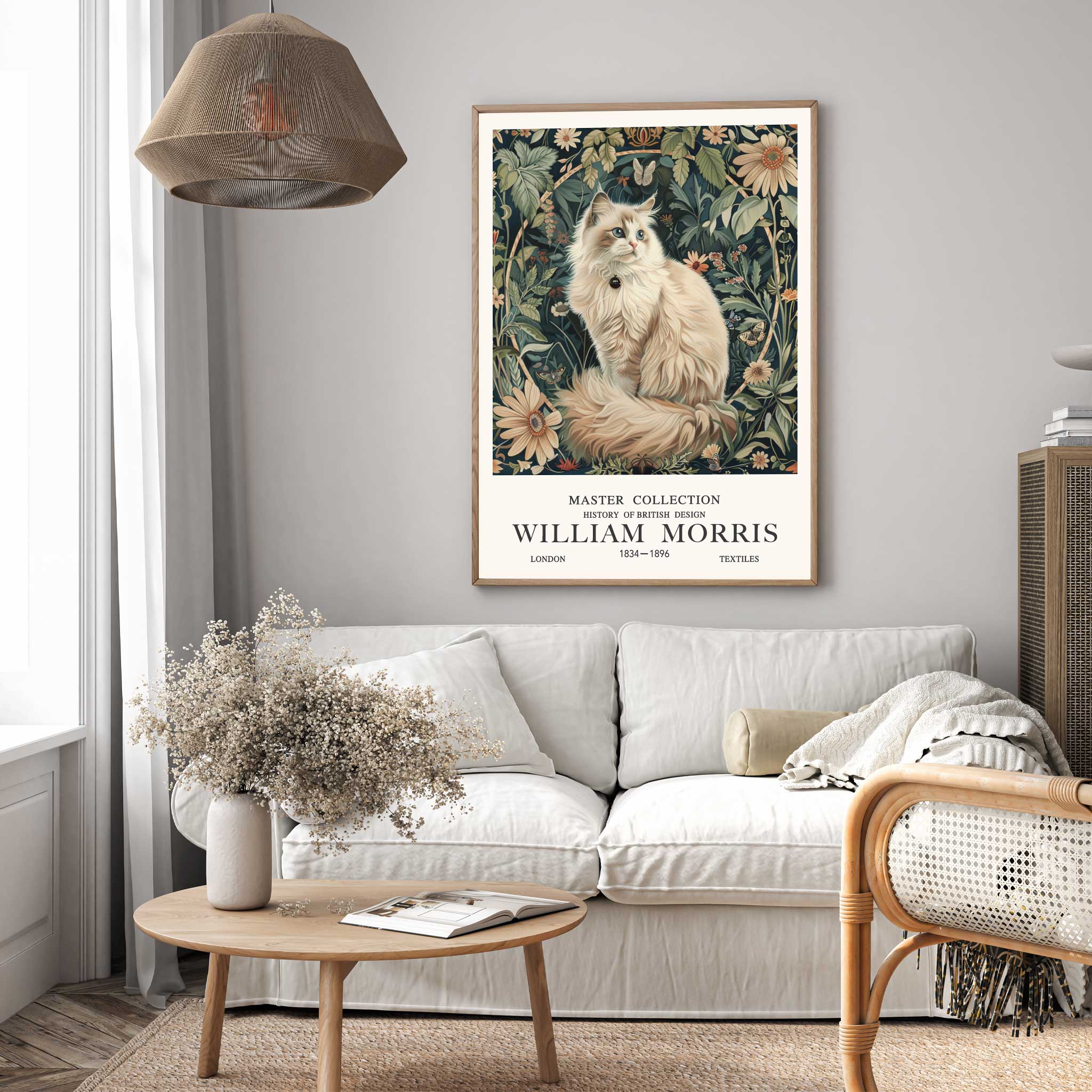 William Morris Ragdoll Cat Print featuring a long-haired cream cat with blue eyes surrounded by botanical flowers, foliage and decorative floral patterns