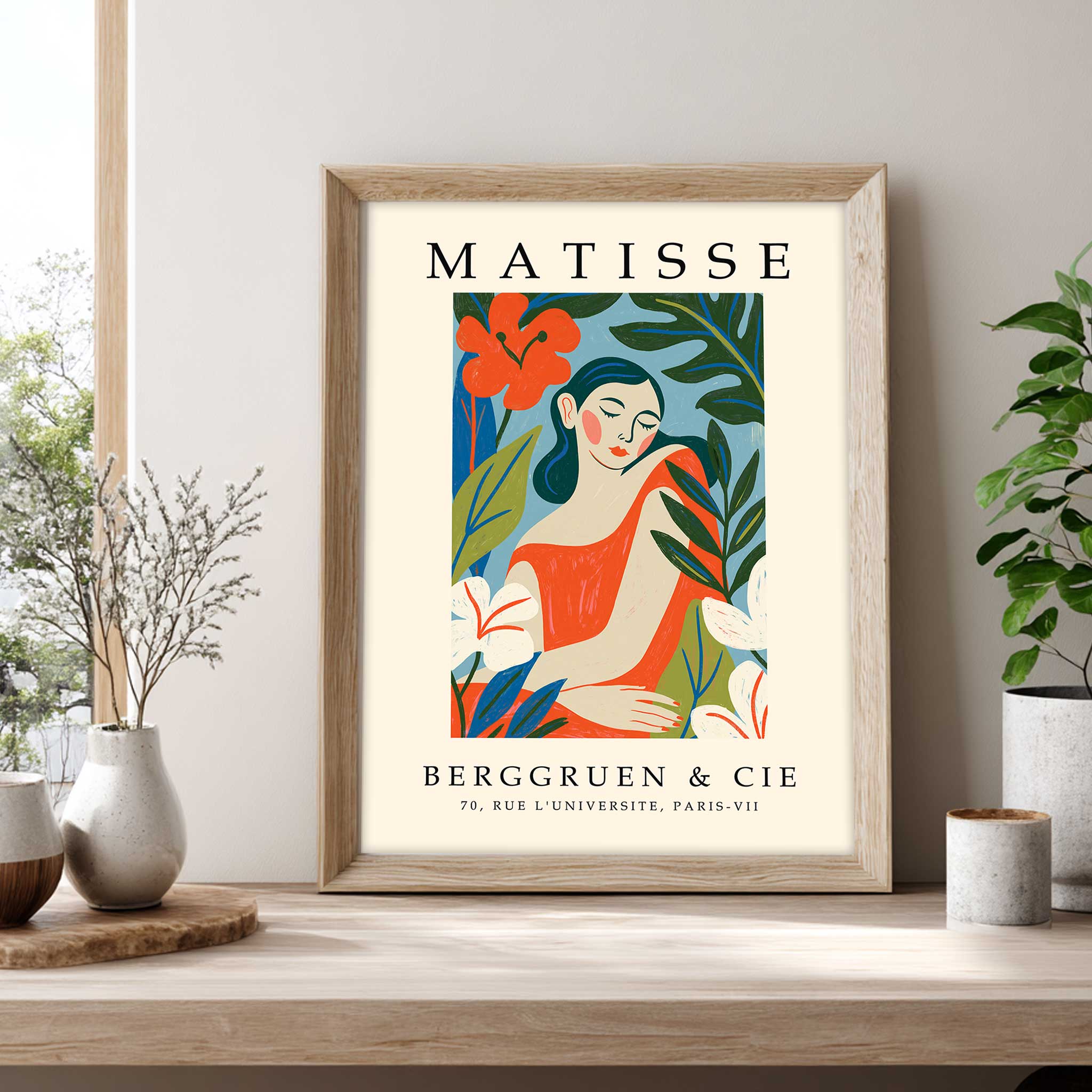 Matisse woman portrait print featuring a female figure surrounded by botanical leaves and flowers. Woman wall art and portrait print