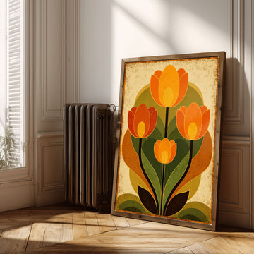 mid century print floral wall art featuring burnt orange and retro yellow flowers