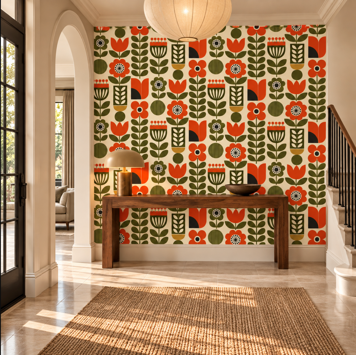 Mid Century Wall Paper - Orange & Green Retro Design. Retro Mid Century Wall Paper Seamless Floral PatternTransform your space with the timeless charm of Mid Century wallpaper, Vibrant Burnt Orange and Forest Green Abstract Pattern.