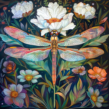 Vintage dragonfly wall art print with botanical flowers