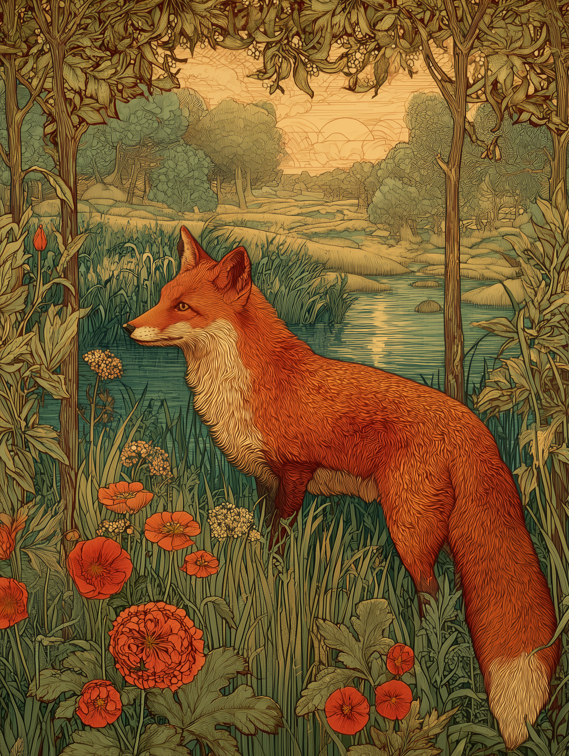 Red fox in woodland  with a lake in the background, william morris style art. flowers forest botanical art