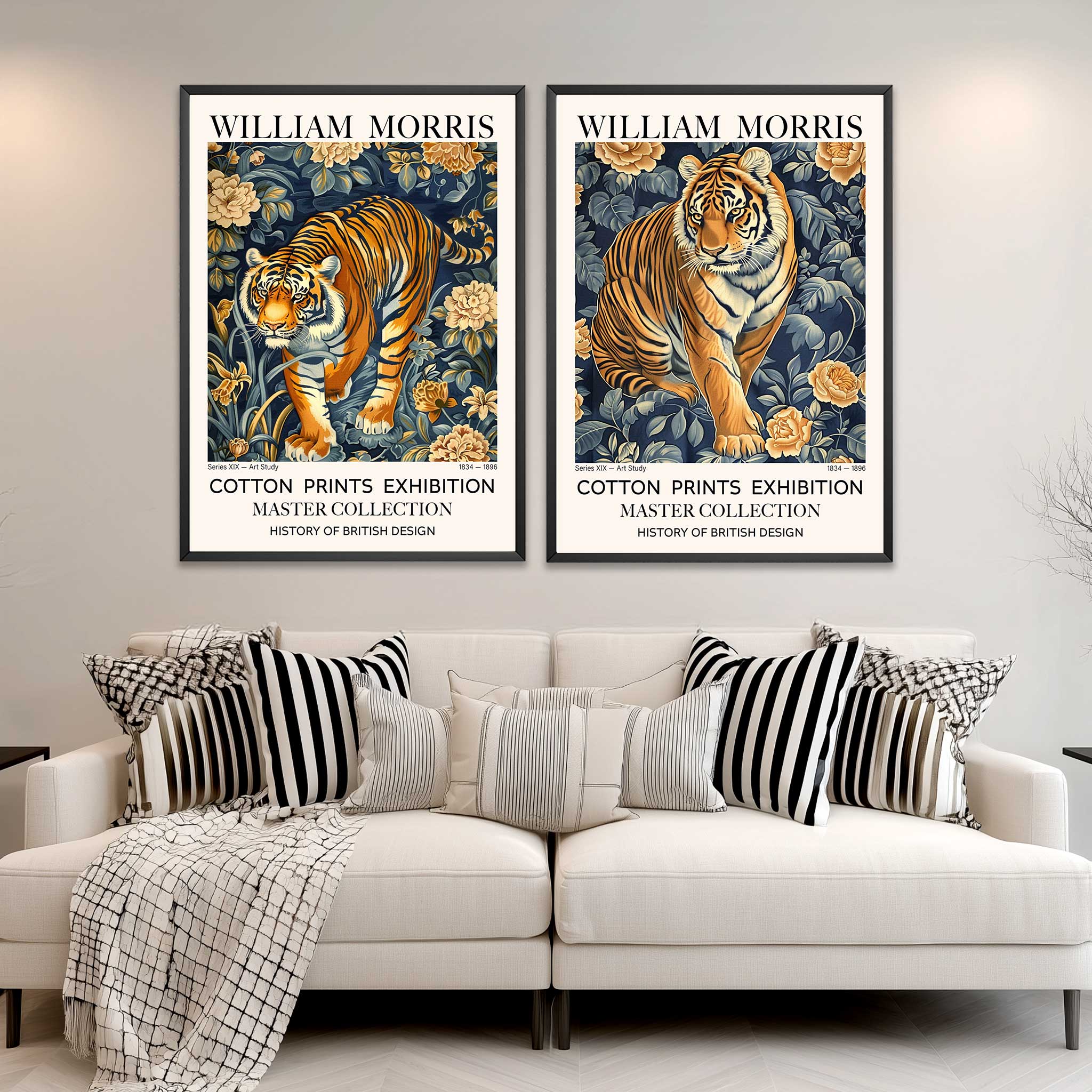 william morris style print set tigers in forest wall art