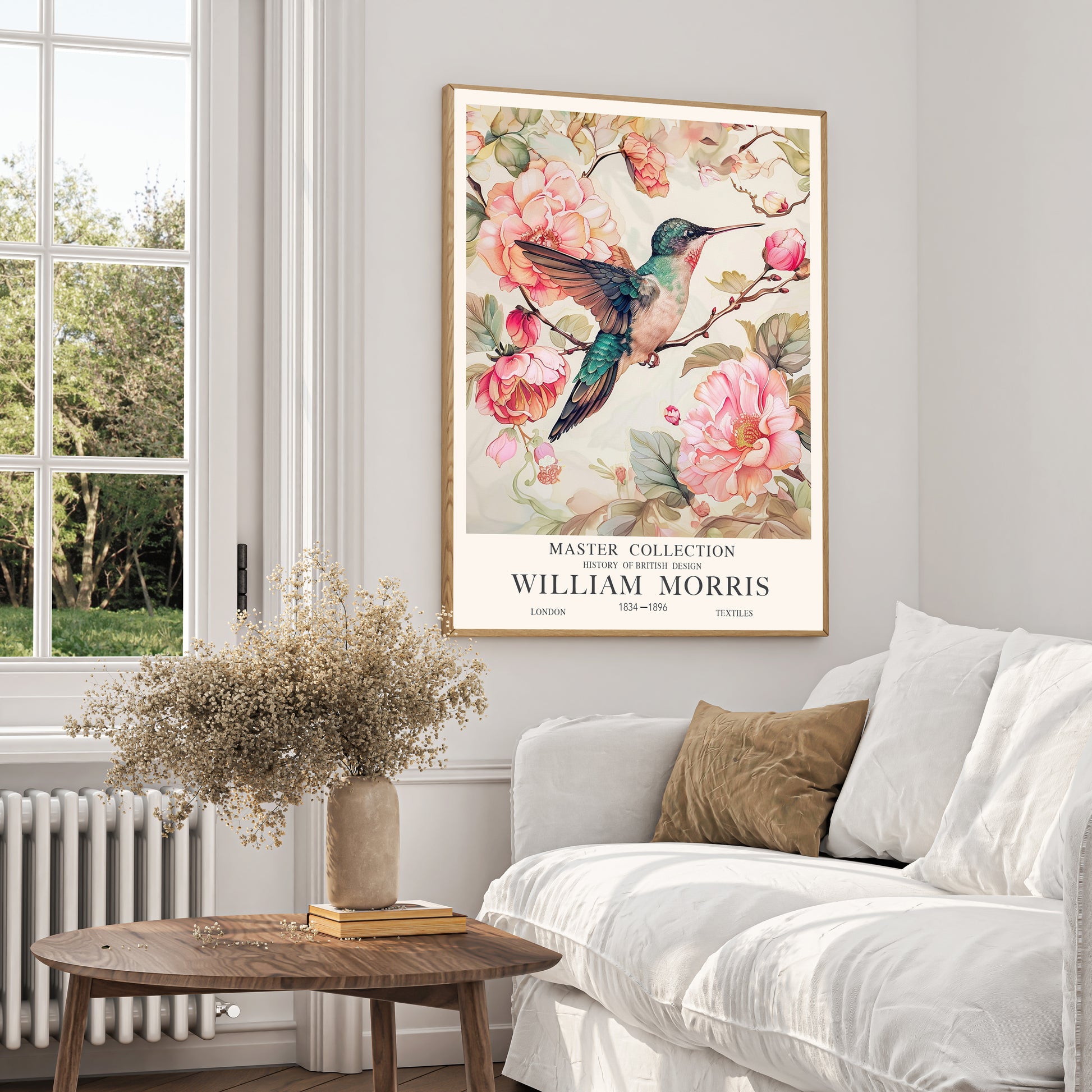 William Morris Hummingbird Print - Vintage botanical design featuring a detailed illustration of a hummingbird surrounded by intricate floral patterns in the classic William Morris style. Perfect for adding a touch of nature-inspired, vintage decor to your home