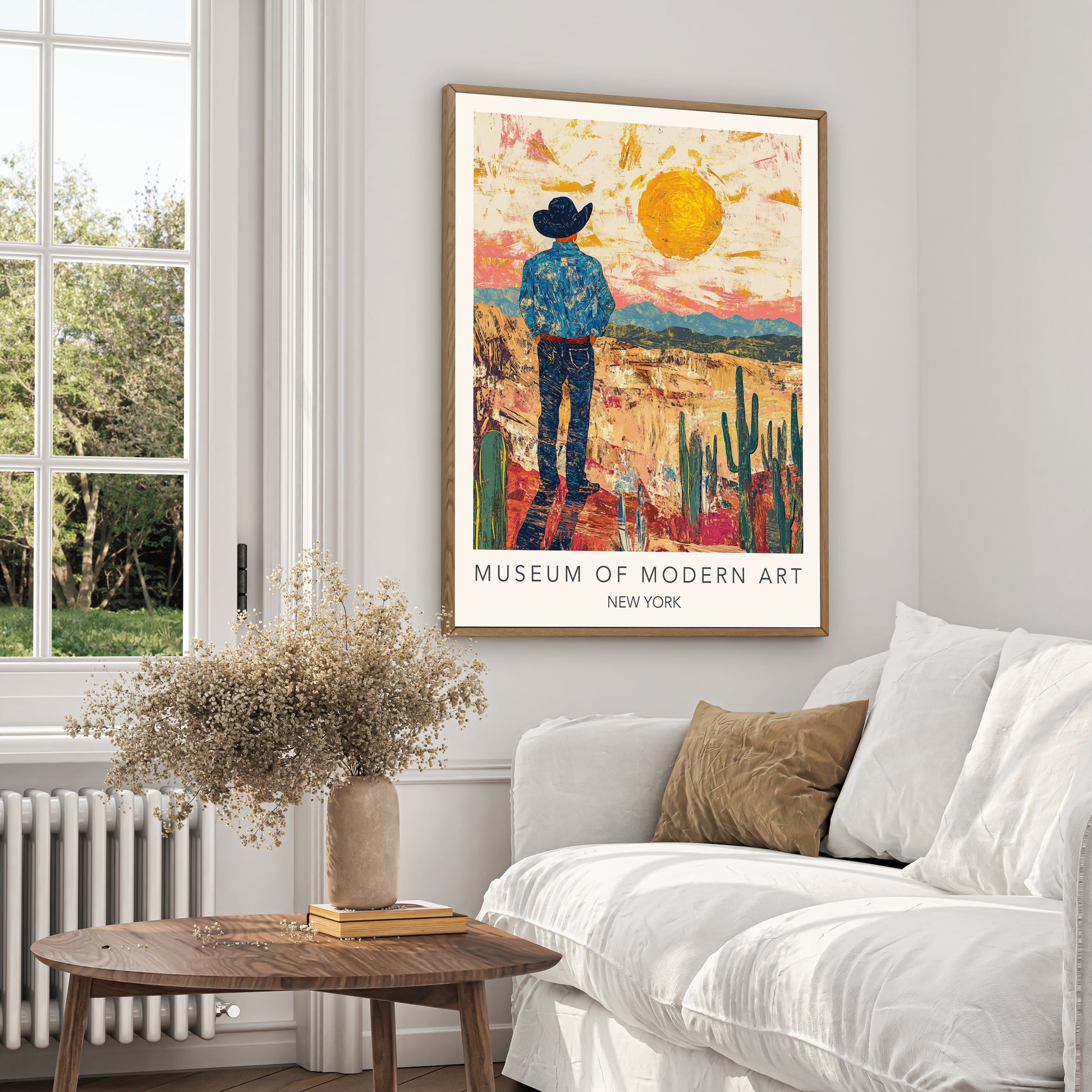 Rustic-themed art inspired by the Museum of Modern Art. High-quality cowboy art print for modern interiors.