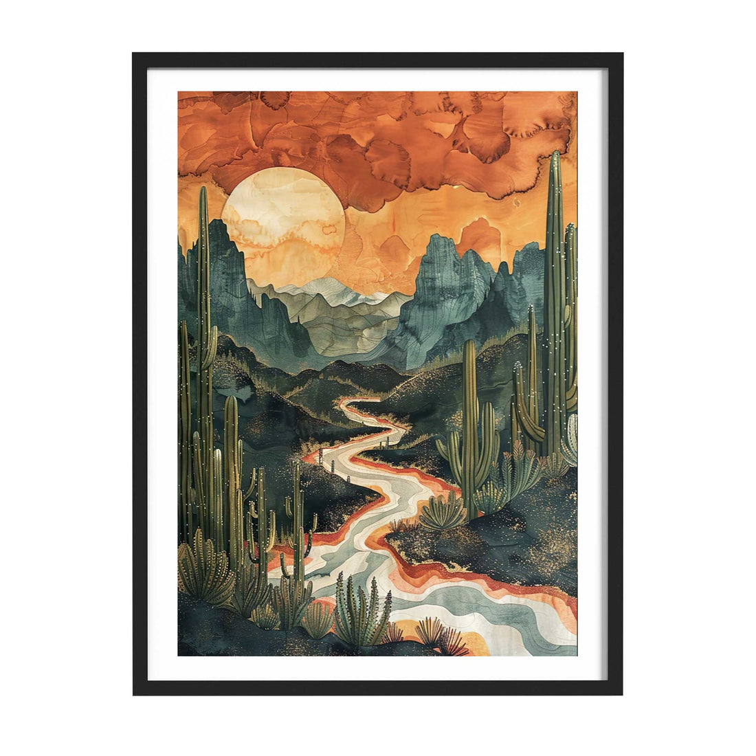 Western American Desert Landscape Painting brings vibrant color  colorful Landscape artwork and is perfect for adding a touch of Wild West art to your living room. It is an ideal art print that captures the beauty of the desert landscape