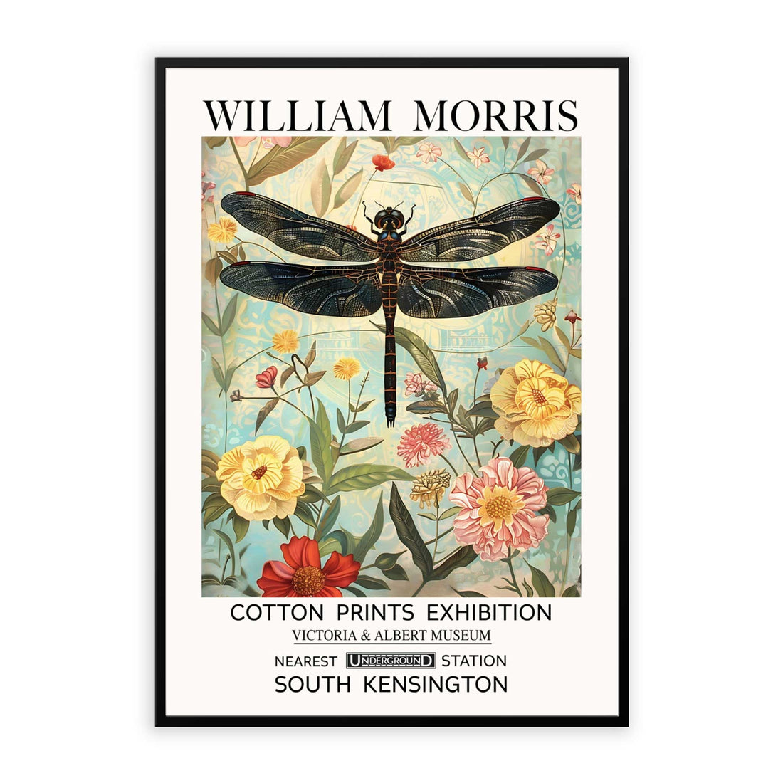 Dragonfly, Vintage William Morris Style pink green yellow floral Print