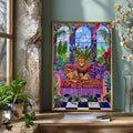 A vibrant and colorful maximalist art print featuring a majestic Lion lounging on a purple patterned couch. The scene is set in an opulent room with large windows showing a lush garden outside. The room is filled with detailed tropical plants, red curtains, and a checkerboard floor, creating an exotic and luxurious ambiance