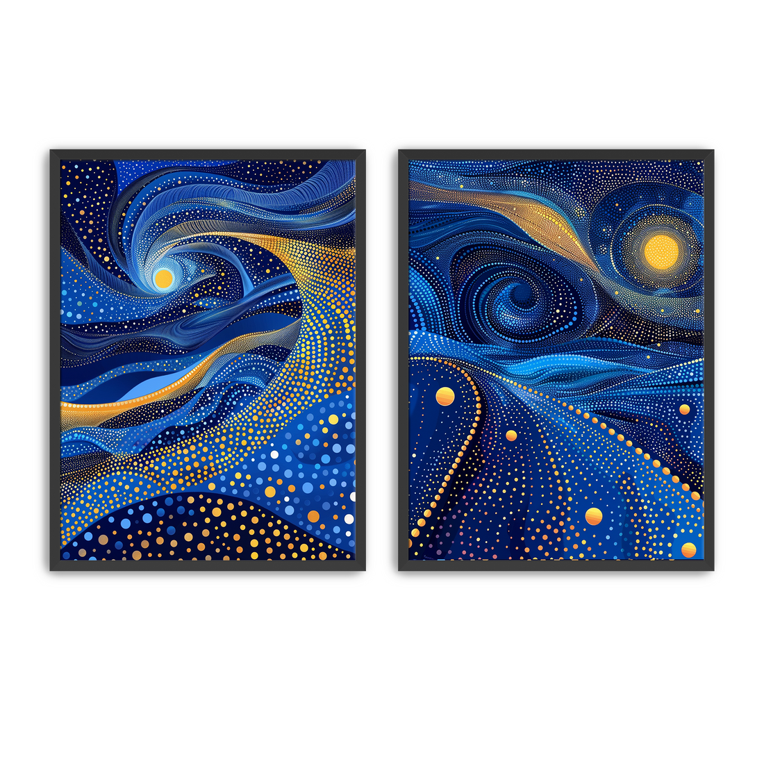 Blue celestial abstract wall art set of 2 with swirling patterns and gold details