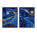 Blue celestial abstract wall art set of 2 with swirling patterns and gold details