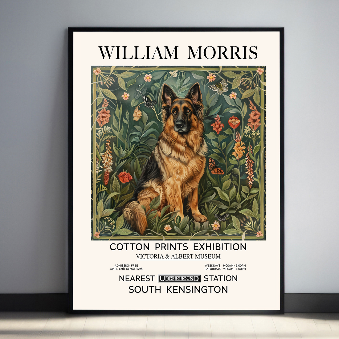 William Morris dog art print featuring vintage floral design, perfect for classic home decor, Victorian-inspired wall art, and animal lovers looking for unique art prints.