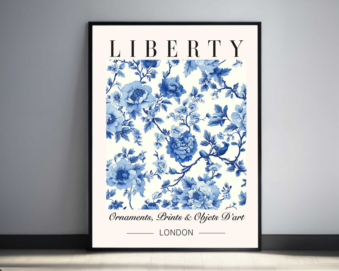 "Classic French Toile de Jouy floral art print, vintage-inspired wall art for living room, blue and white Toile floral pattern, 18th-century French countryside decor