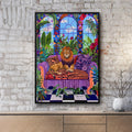 A vibrant and colorful maximalist art print featuring a majestic Lion lounging on a purple patterned couch. The scene is set in an opulent room with large windows showing a lush garden outside. The room is filled with detailed tropical plants, red curtains, and a checkerboard floor, creating an exotic and luxurious ambiance