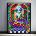 A vibrant and colorful maximalist art print featuring a majestic tiger lounging on a purple patterned couch. The scene is set in an opulent room with large windows showing a lush garden outside. The room is filled with detailed tropical plants, red curtains, and a checkerboard floor, creating an exotic and luxurious ambiance