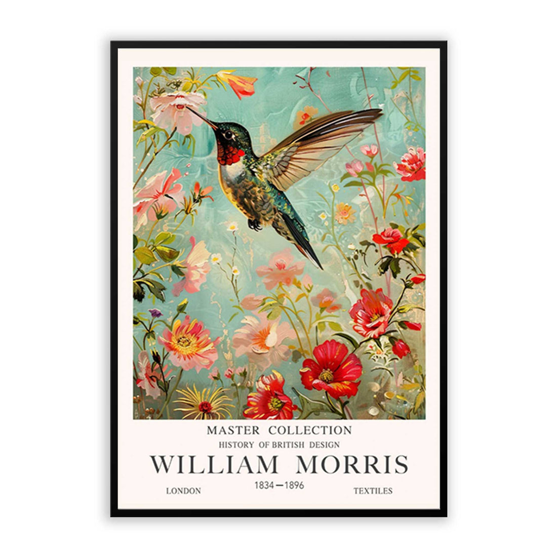 Humming Bird Print, Red Flower Print, Vintage William mOrris Style art print