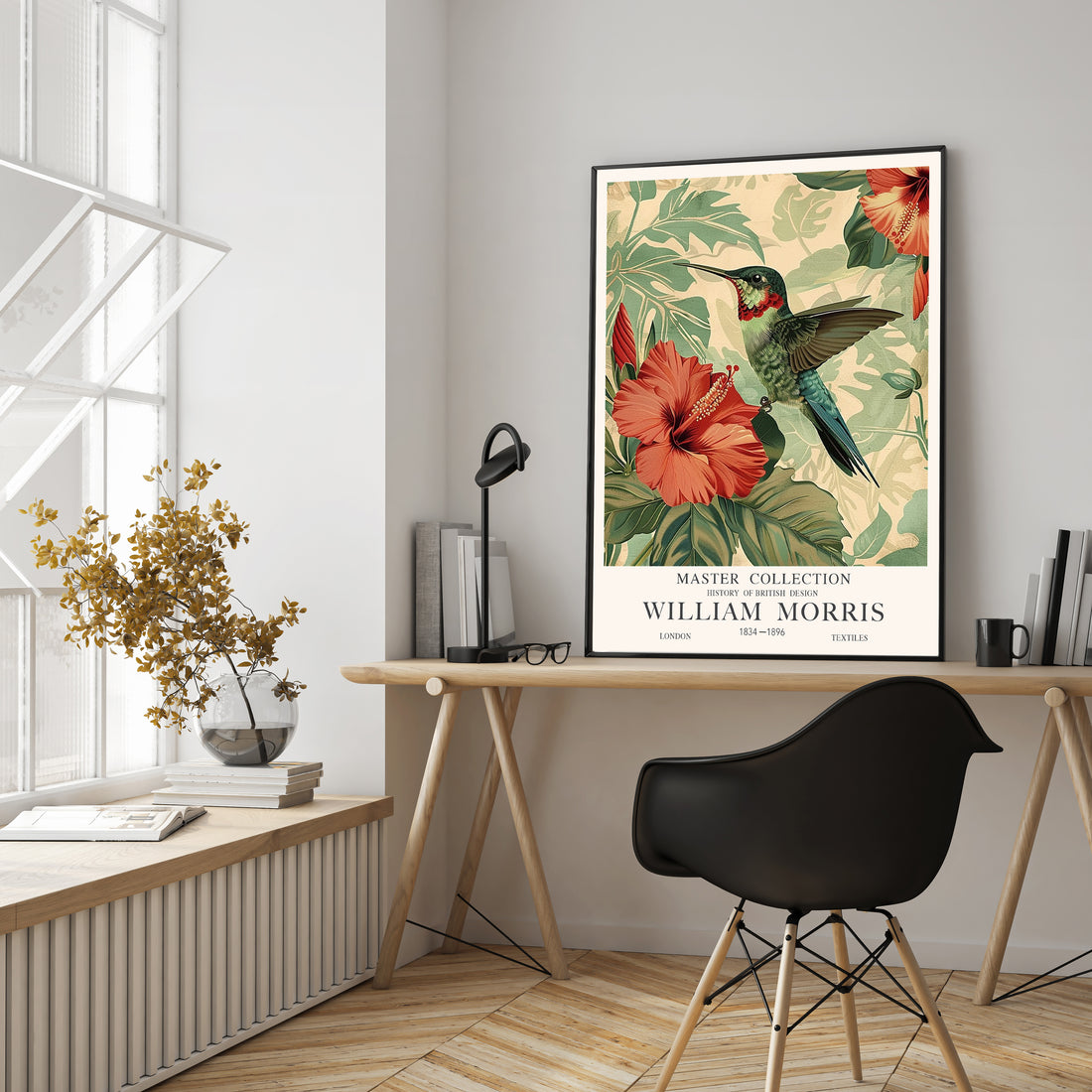 Humming Bird On red Hibiscus Flower William Morris Wall Art Print Home Decor Print For Bedroom Living Room