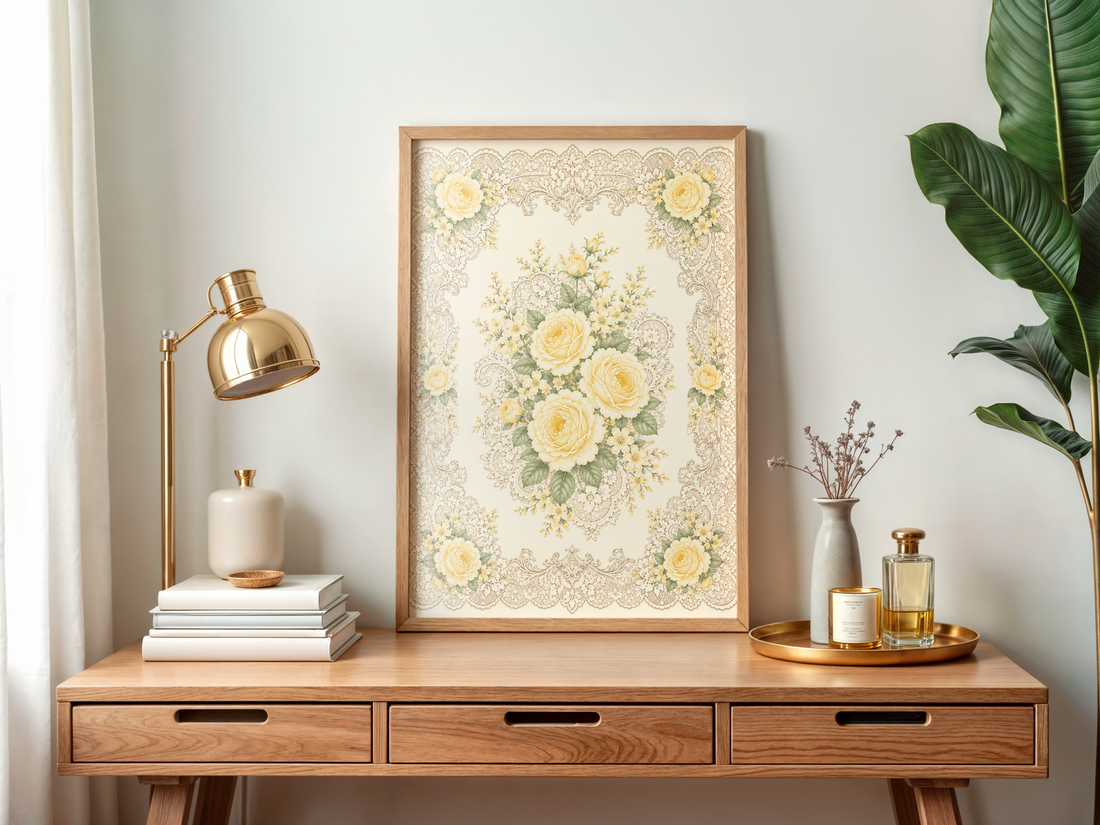 Victorian Lace Wall Art Yellow Rose Print