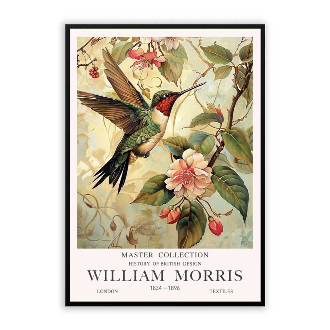 Humming Bird, Vintage William Morris Style Bird  green and pink Print