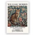 A vintage-inspired wall art print featuring a calico cat surrounded by florals, in William Morris style