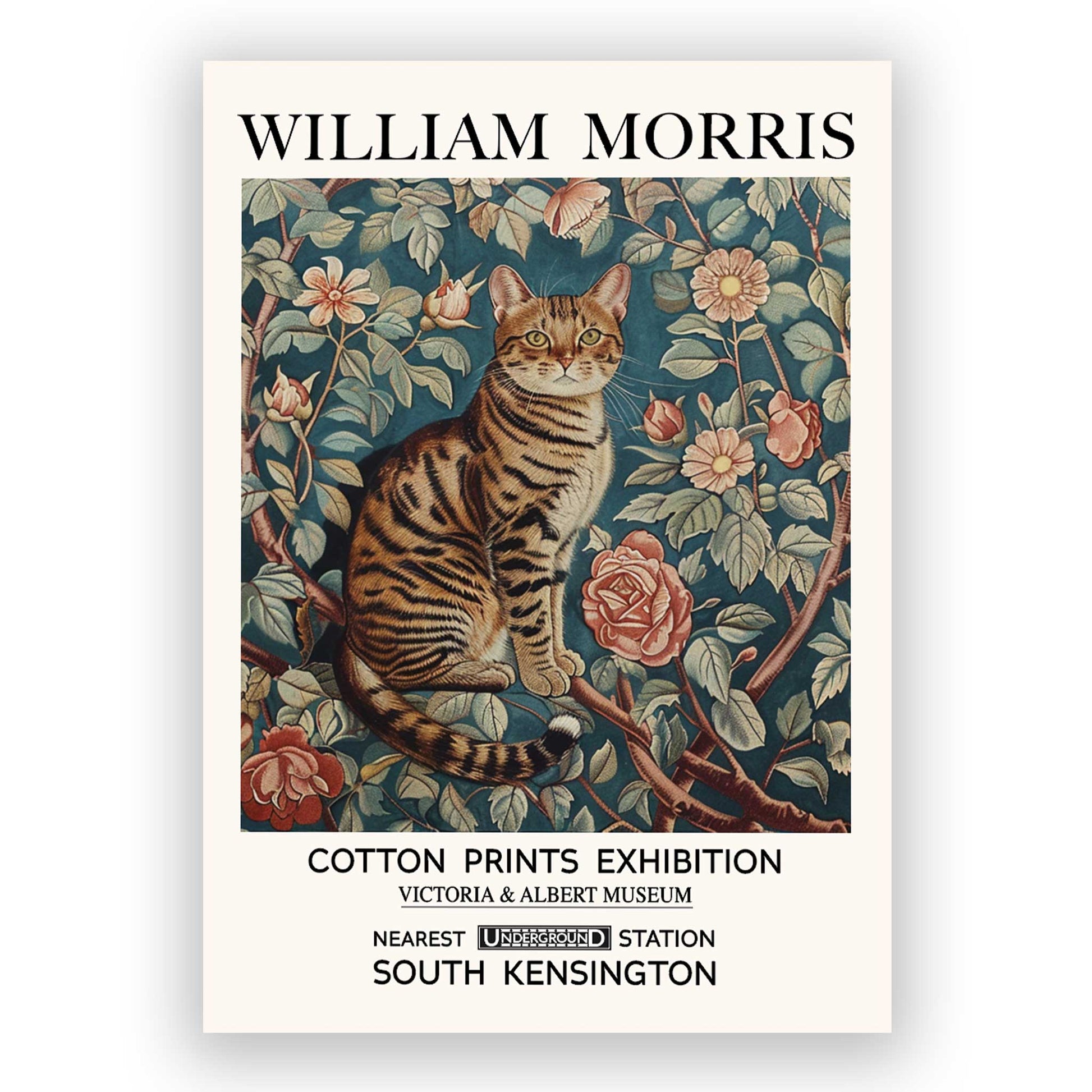 A vintage-inspired wall art print featuring a calico cat surrounded by florals, in William Morris style
