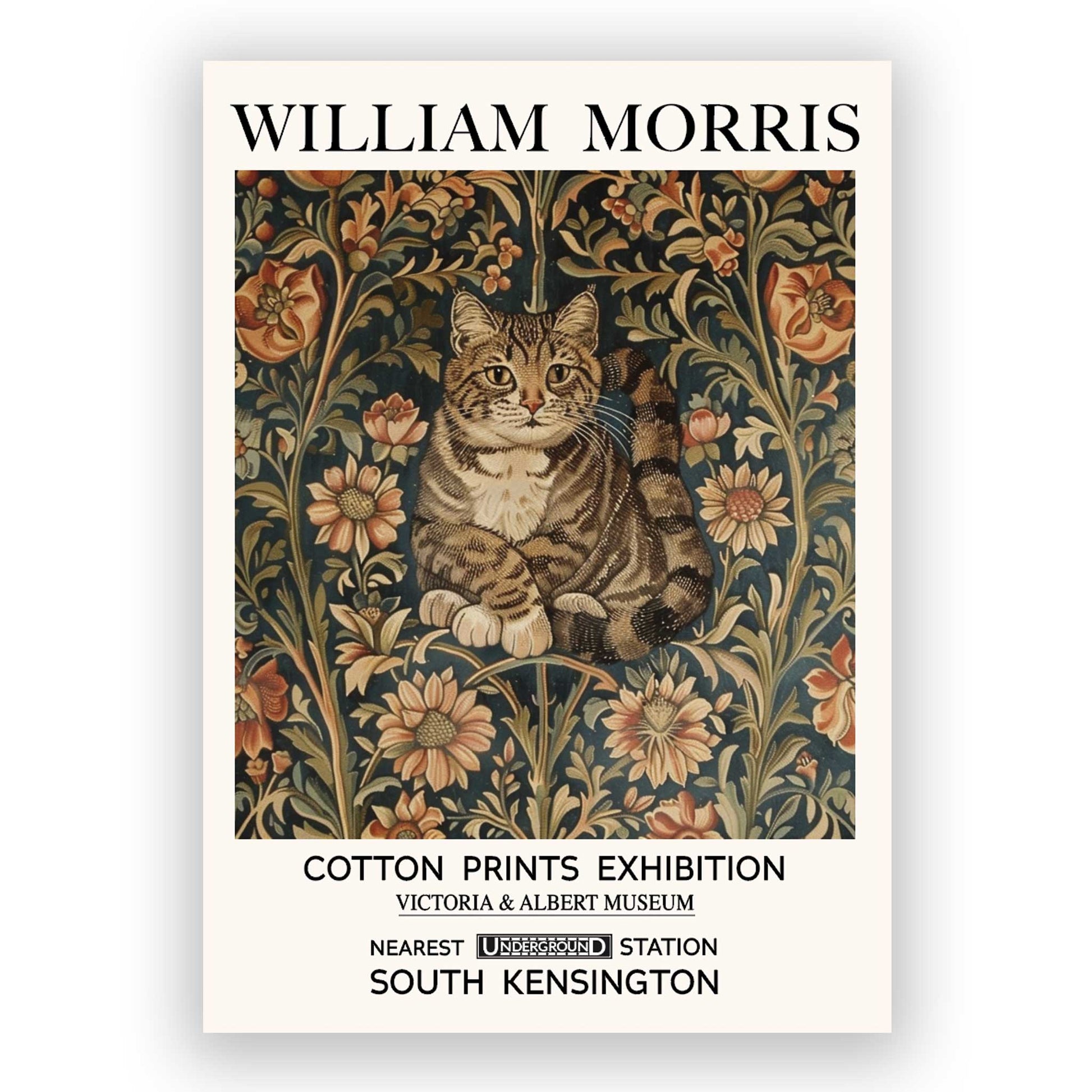 A vintage-inspired wall art print featuring a decorative cat surrounded by floral tapestry.