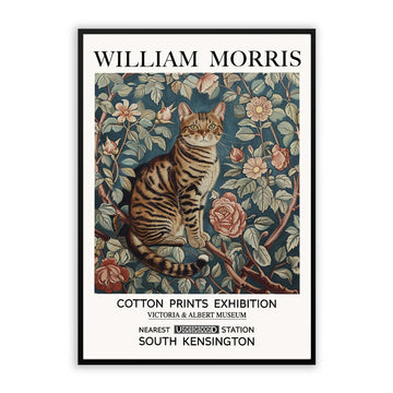 A vintage-inspired wall art print featuring a calico cat surrounded by florals.
Designed in a William Morris ornamental style
