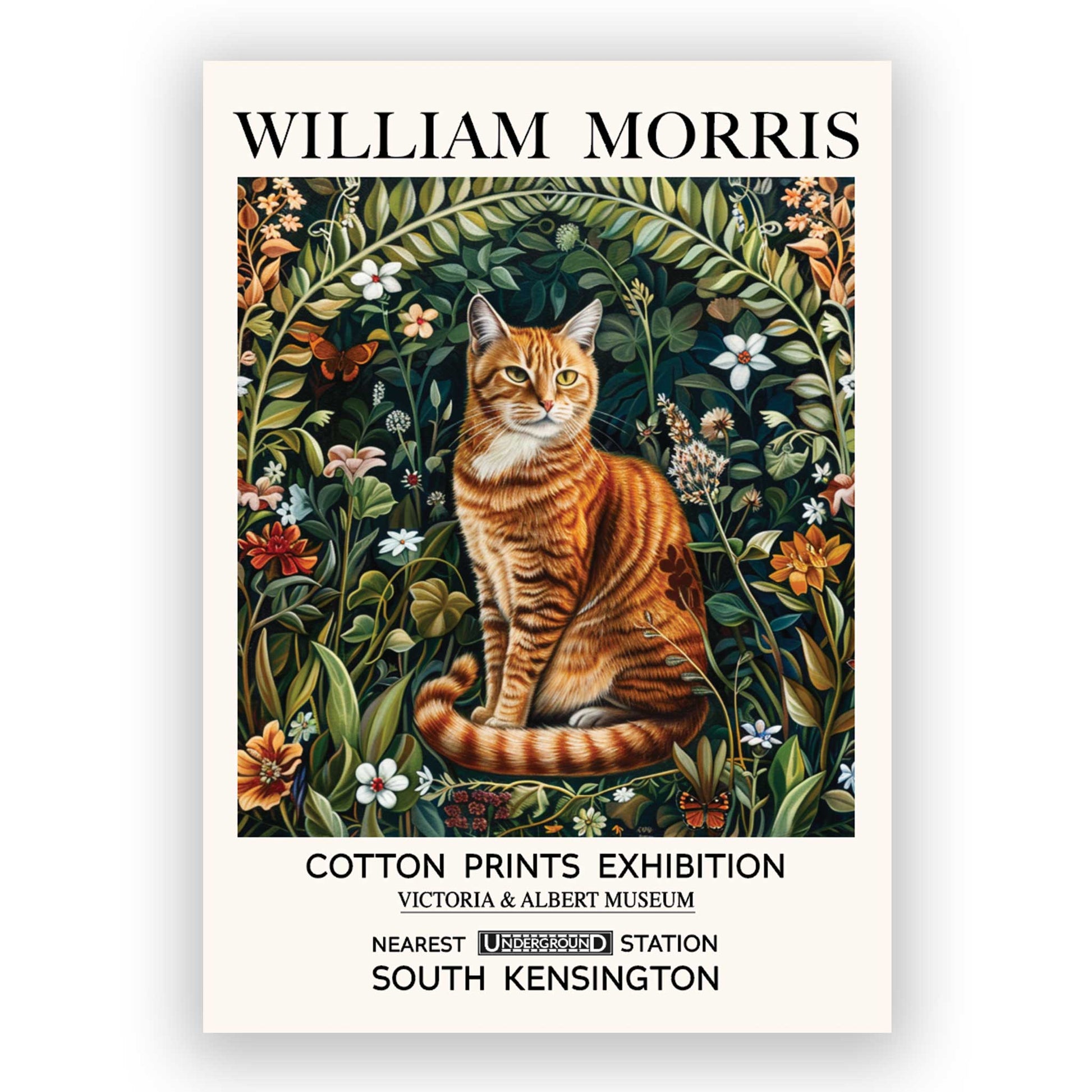 A vintage-inspired wall art print featuring a decorative cat motif surrounded by wildflowers
