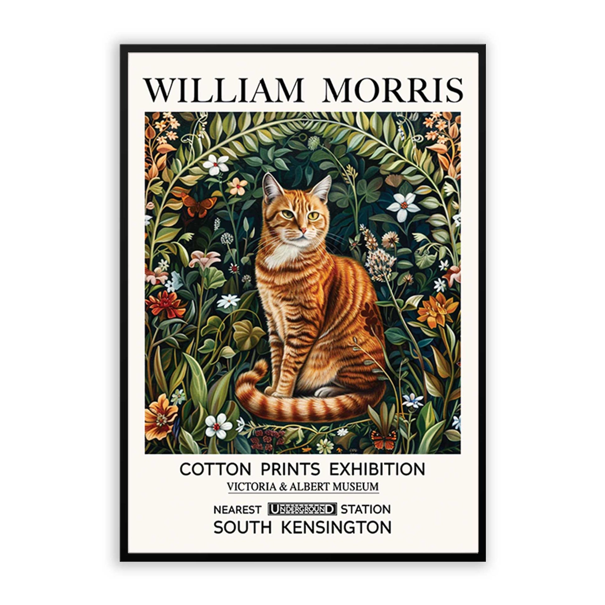A vintage-inspired wall art print featuring a decorative cat motif surrounded by wildflowers