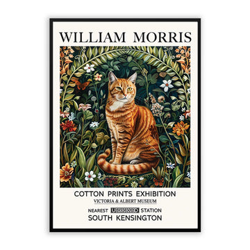 A vintage-inspired wall art print featuring a decorative cat motif surrounded by wildflowers