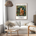 A vintage-inspired wall art print featuring a decorative cat motif surrounded by wildflowers