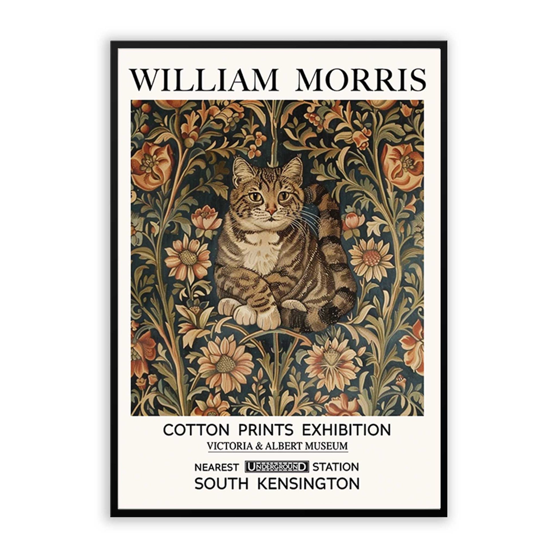 A vintage-inspired wall art print featuring a decorative cat surrounded by floral tapestry.