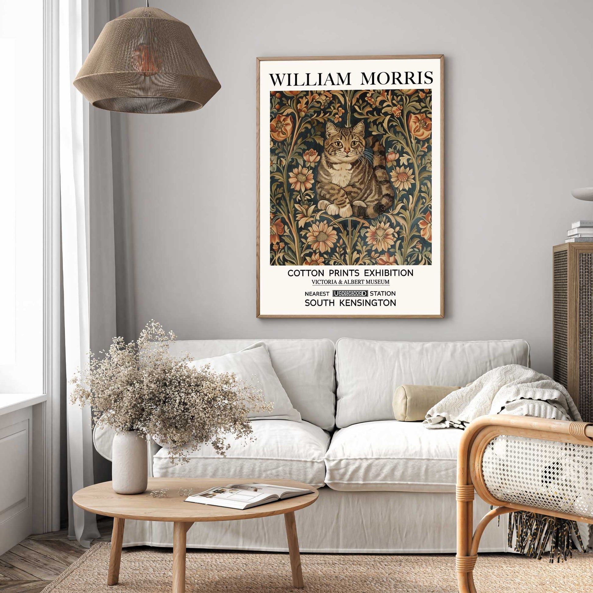 A vintage-inspired wall art print featuring a decorative cat surrounded by floral tapestry.
