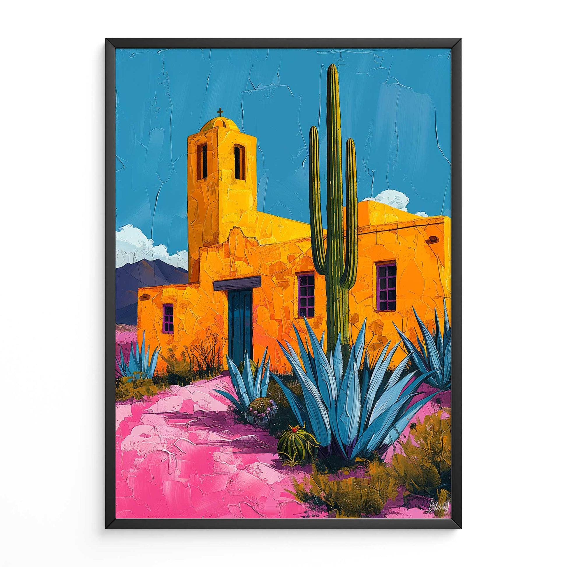 Agave Cactus Print Desert Landscape Poster Framed artwork of a colorful desert scene with a building, cactus, and agave plants.
