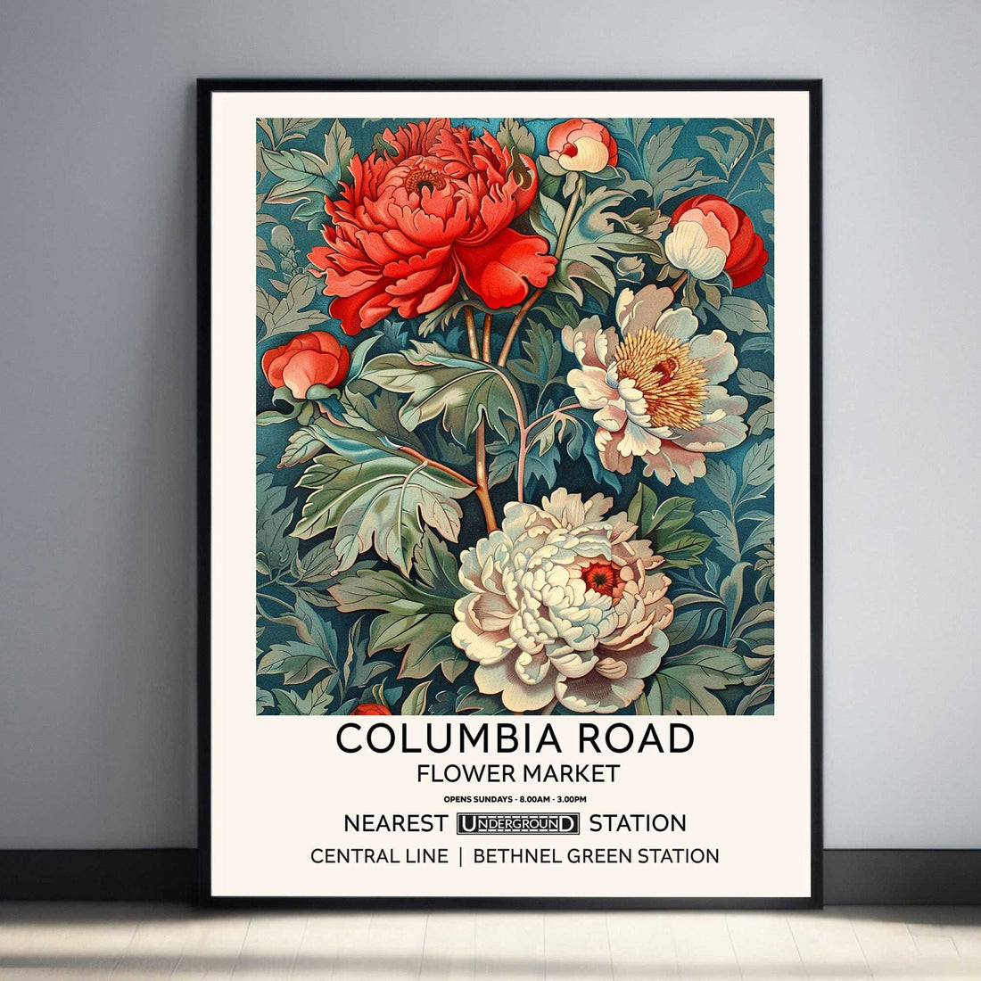 Antique Floral Wall Art featuring vintage   Red peony flowers. A framed art print featuring a colorful floral design with the text 'COLUMBIA ROAD FLOWER MARKET.' London