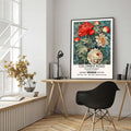 Antique Floral Wall Art featuring red and white peony flowers on a study table in an office space