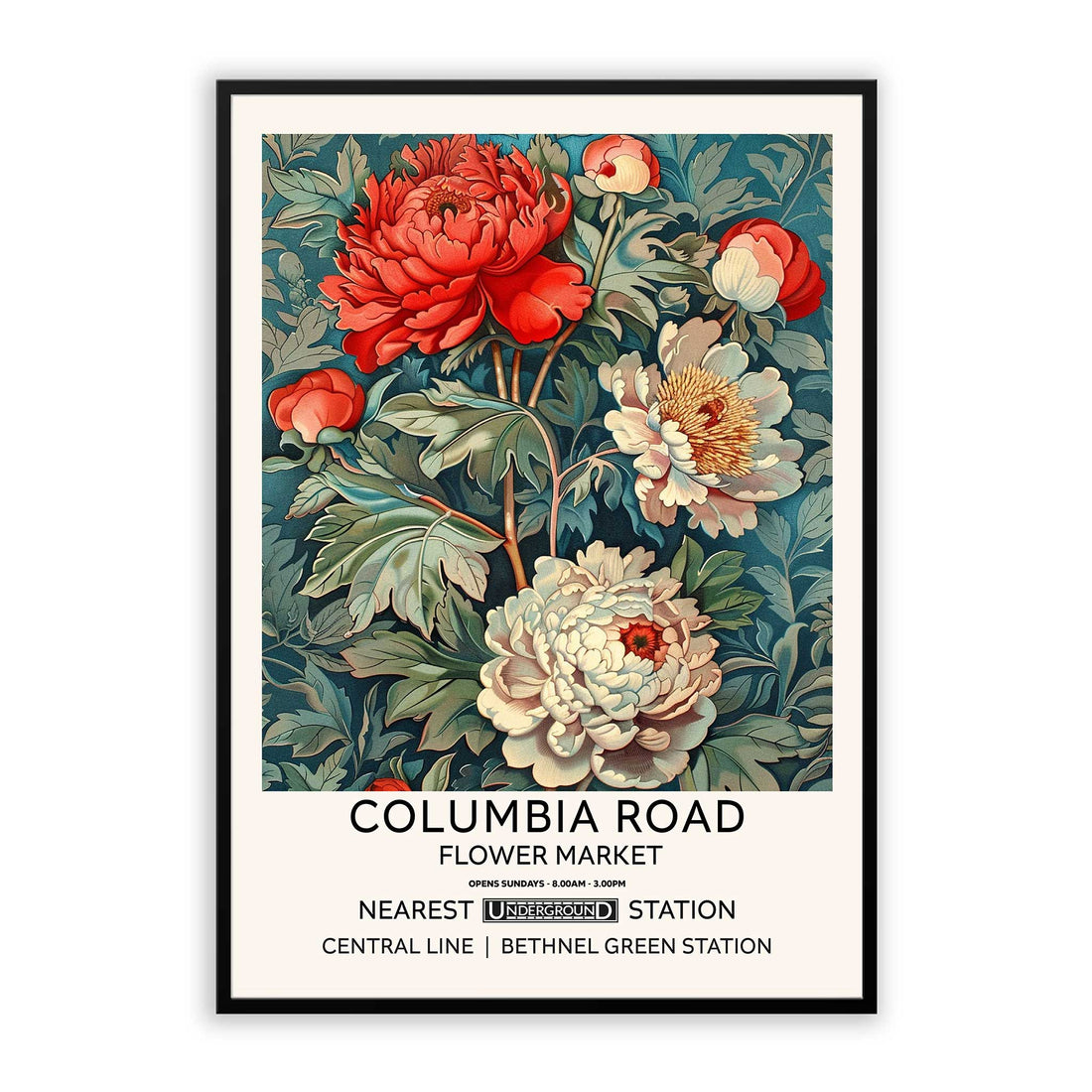 Antique Floral Wall Art featuring vintage   Red peony flowers. A framed art print featuring a colorful floral design with the text 'COLUMBIA ROAD FLOWER MARKET.' London