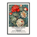 Antique Floral Wall Art featuring vintage   Red peony flowers. A framed art print featuring a colorful floral design with the text 'COLUMBIA ROAD FLOWER MARKET.' London