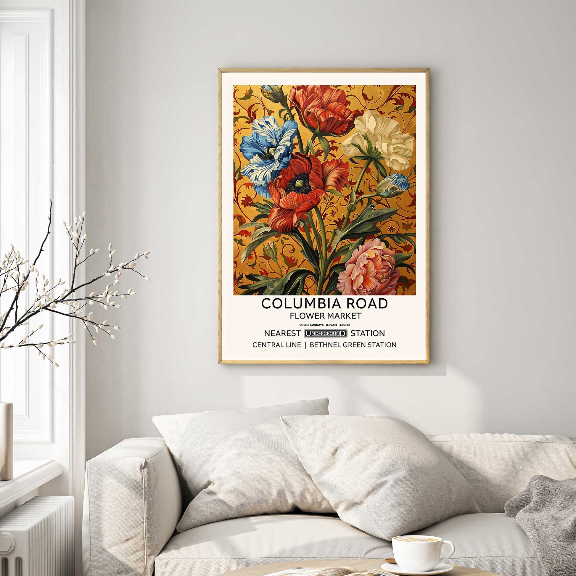 Baroque Floral Wall Art, Featuring Vintage Flowers On Gold Background. on a office wall