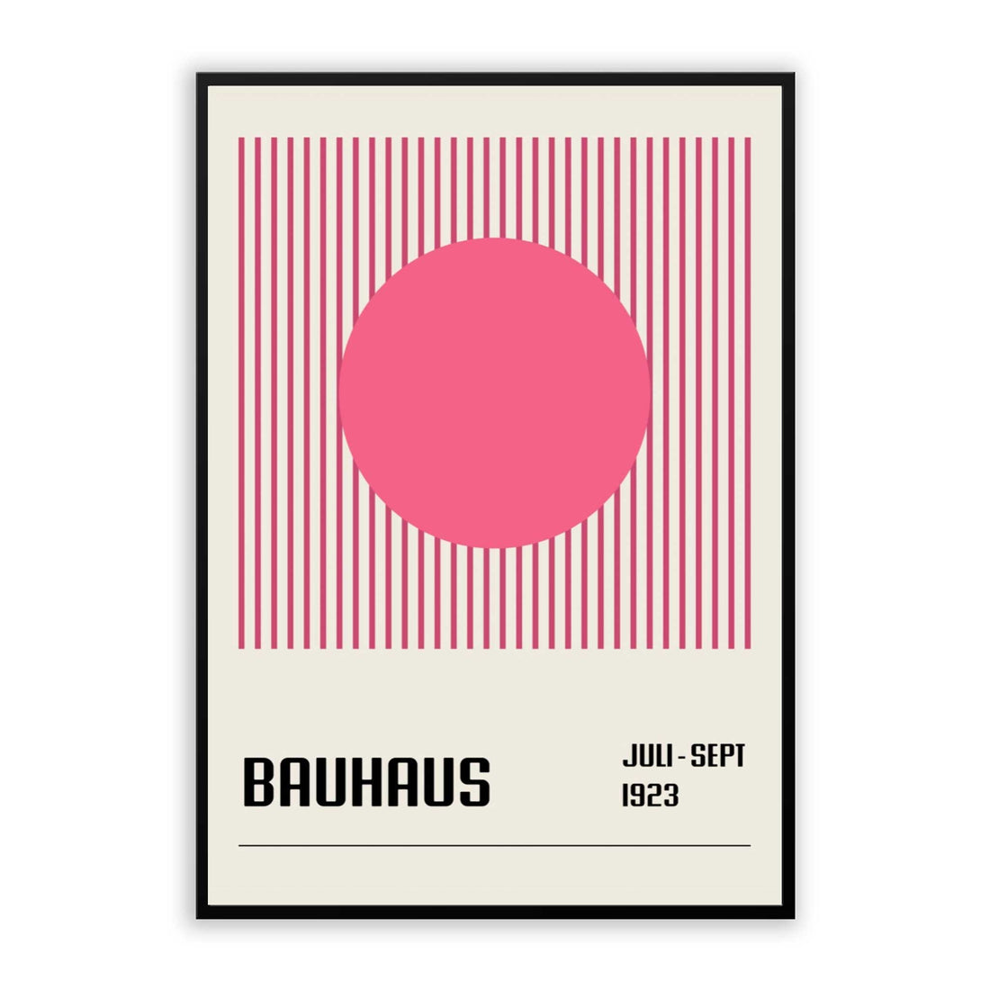 A poster featuring a geometric design with pink and white stripes and a circular pink element in the center, with the text 'Bauhaus' and a date '1913' at the bottom.