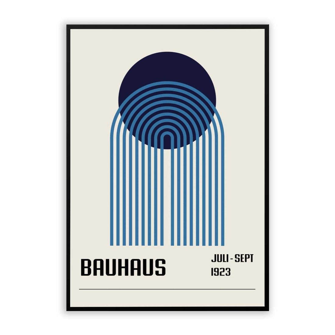 Bauhaus blue poster with geometric shapes and clean abstract layout.