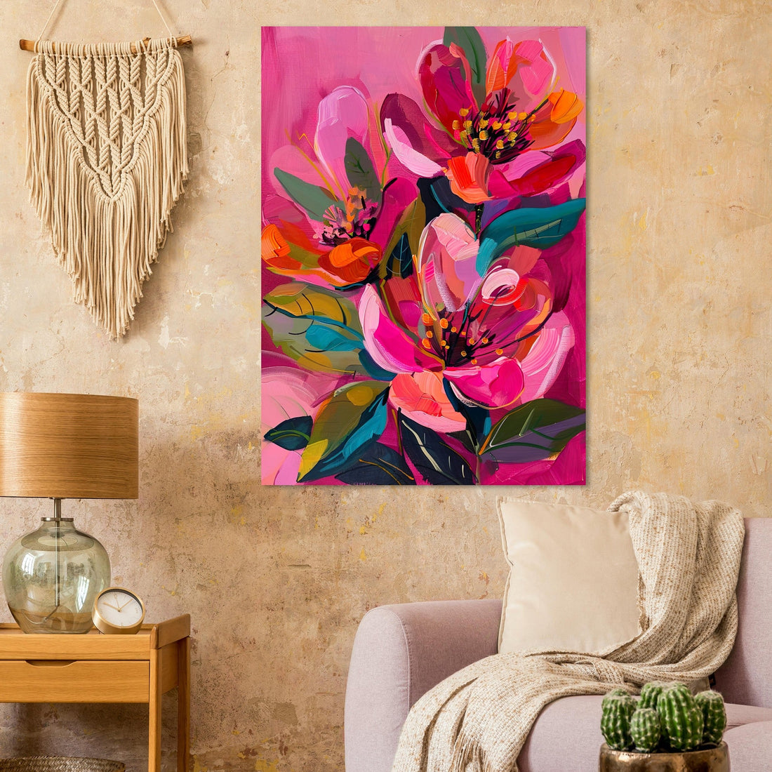 Big Pink Floral Wall Art featuring big pink peony flowers in black frame